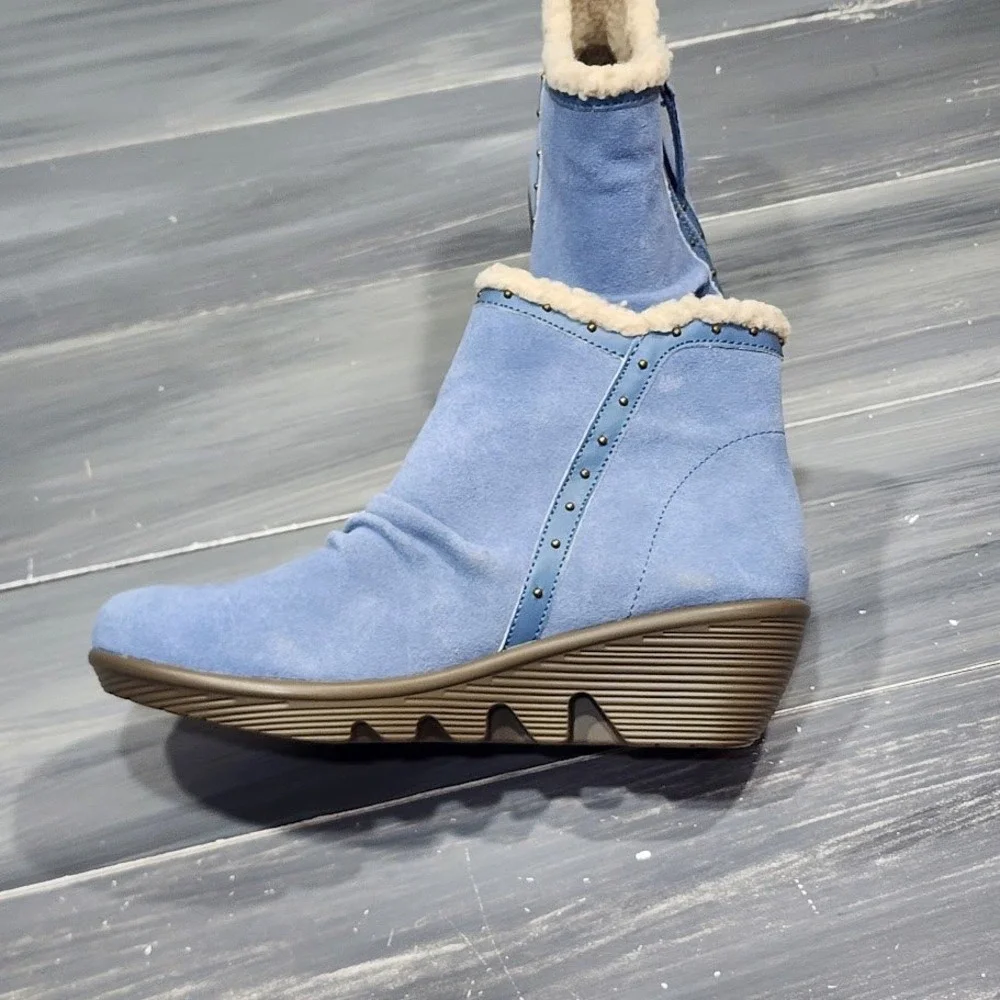 Skechers‎ Booties Jumper Sweet Stud Blue Suede Sherpa Lined Wedge Boots Size 6 - Picture 3 of 12